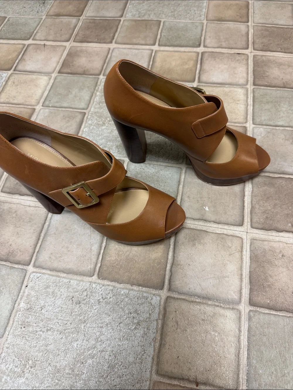 Michael Kors Cognac Leather Peep-Toe Heels with Buckle Detail